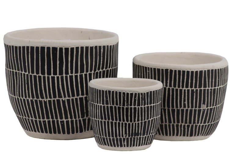 Ceramic Round Pot With Banded Rim Top And Bottom, Embossed Lattice Rectangle Design, Irregular Body And Tapered Bottom Set Of Three Painted Finish Black 54900