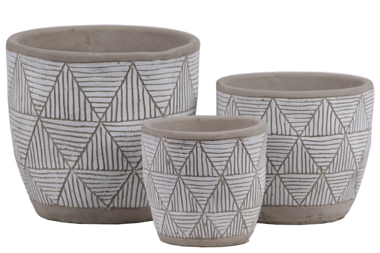 Ceramic Round Pot With Banded Rim Top And Bottom, Embossed Lattice Triangle Design, Irregular Body And Tapered Bottom Set Of Three Washed Finish Gray 54905