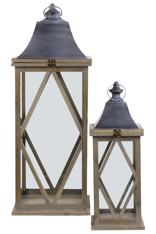 Wood Square Lantern With Metal Pierced Finial Top, Ring Handle And Diamond Design Body Set Of Two Natural Finish Brown 56403
