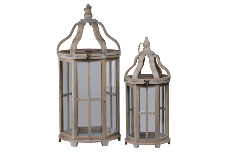 Wood Round Lantern With Rope Handle, Curved Ribbon Open Top And "Window Pane" Design Body And Metal Sheet Surface Set Of Two Weathered Finish Brown 56410