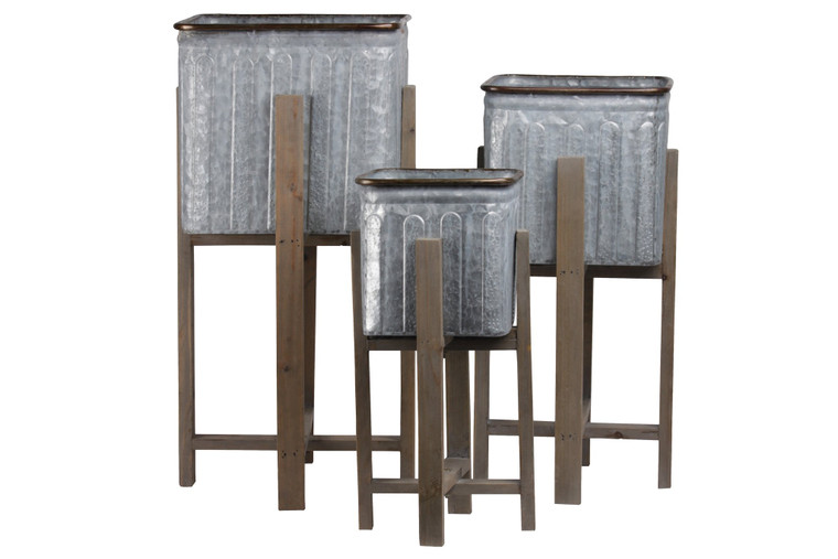 Metal Square Planter With Copper Rim Mouth And Rounded Edges, Vented Pattern Design Body And Wooden Detachable Leg Stand Set Of Three Galvanized Finish Gray 56412