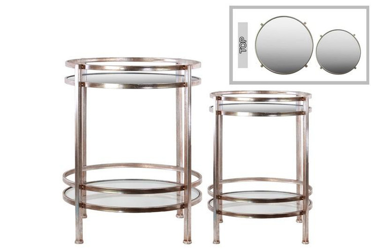 Rd. Table w/Beveled Mirror Top & Clear Glass Base Shelf Set Of 2 94196