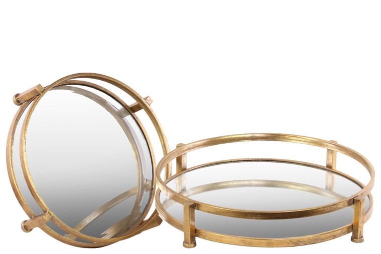 Metal Round Tray w/Beveled Mirror Surface Set Of 2 Metal-Gold 94205