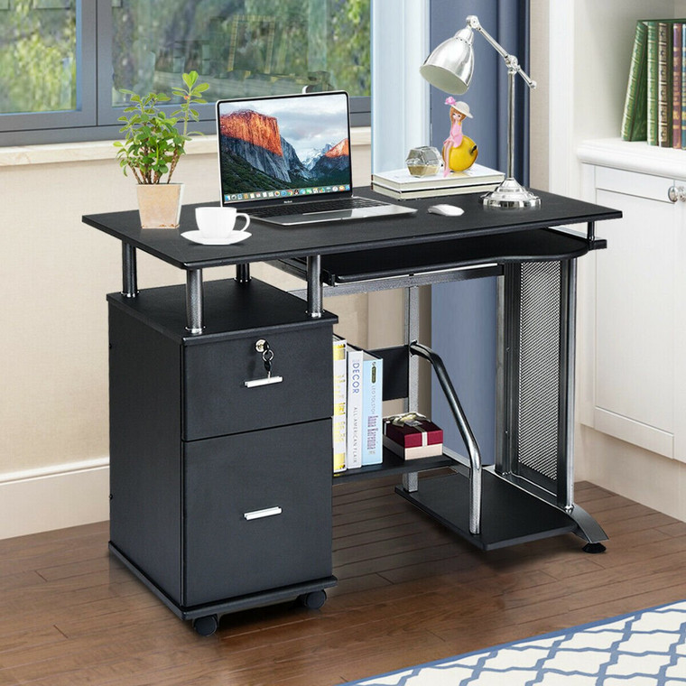 Black Computer Desk With Printer Shelf HW53469