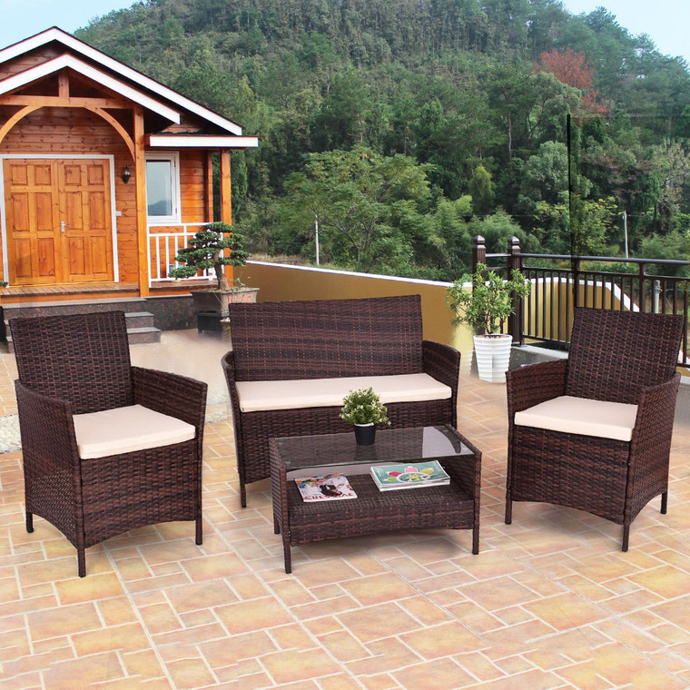 4 Pcs Outdoor Patio Rattan Table Sofa Set With Cushions HW54898
