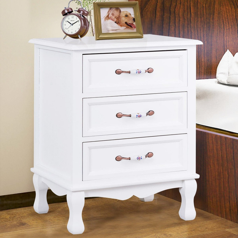 Storage Solid Wood End Nightstand w/ 3 Drawers -White