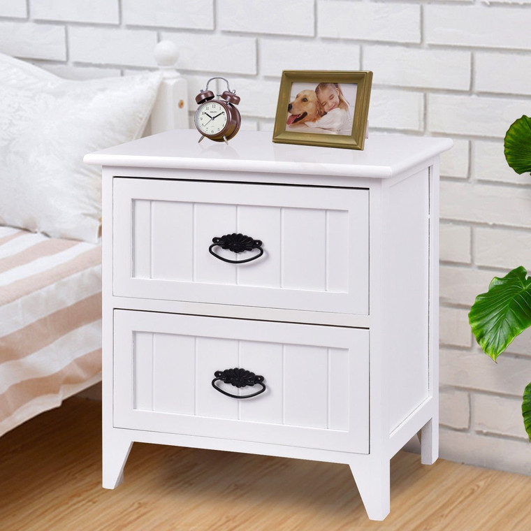 2 Drawers Storage Wood End Side Nightstand-White HW56014WH