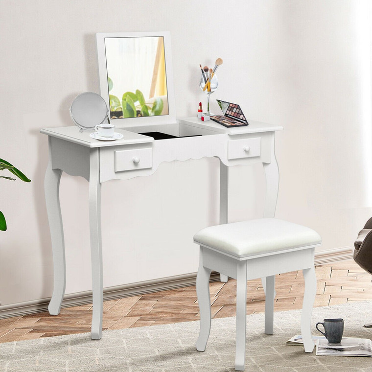 Mirrored Bathroom Dressing Vanity Table Set W/ Stool-White HW56231WH