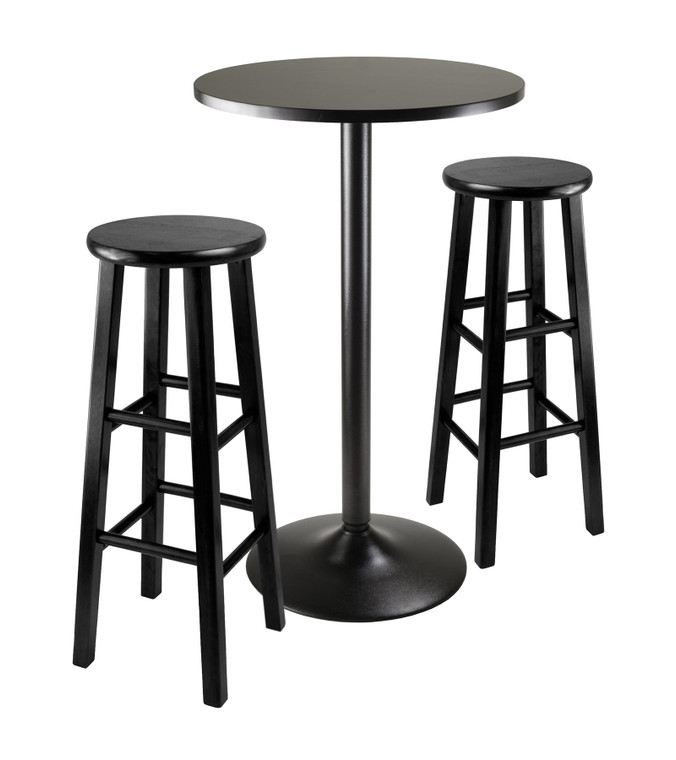 Winsome 3 Piece Round Black Pub Table W/ Two 29" Wood Stool Square Legs 20331