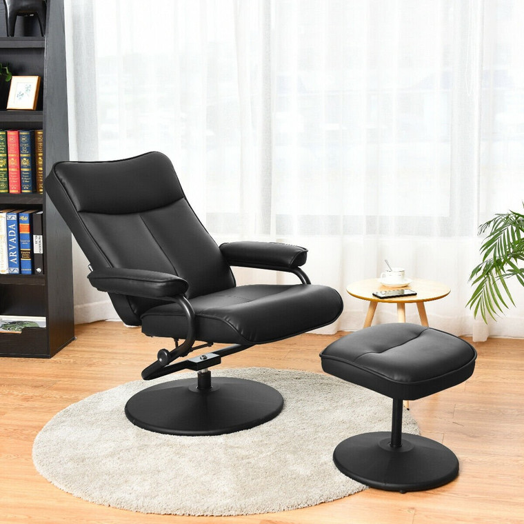 Pvc Leather Recliner Chair Lounge Armchair Swivel With Ottoman Black HW60437