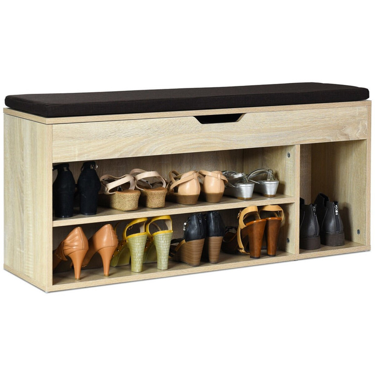 Wooden Rack Shoes Bench With Storage Upholstered Shoe Rack-Natural HW61148NA