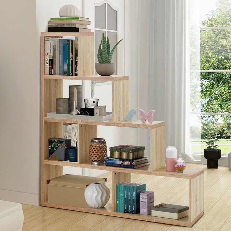 6 Cubes Ladder Shelf Corner Bookshelf Storage Bookcase-Natural HW61766NA