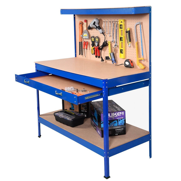 Blue Work Bench Tool Storage Steel Tool Workshop Table W/ Drawer And Peg Board TL29329BL