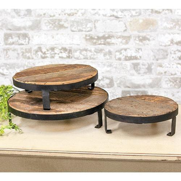 3/Set Weathered Wood And Metal Round Risers GMJ192 By CWI Gifts