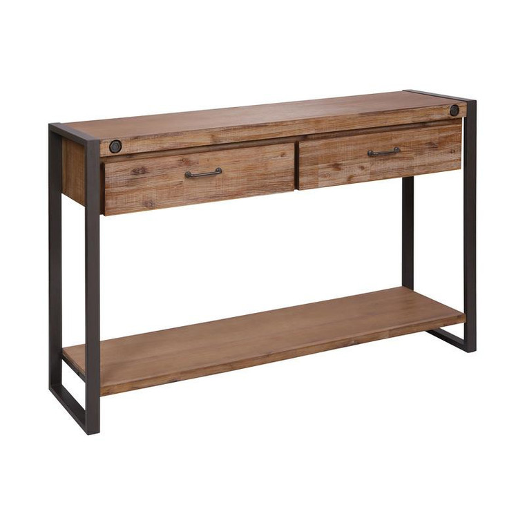 Stein Armour Square Grey-Bronze Metal, Acacia, Mdf, And Wood Veneer Two-Drawer Console Table 479-031