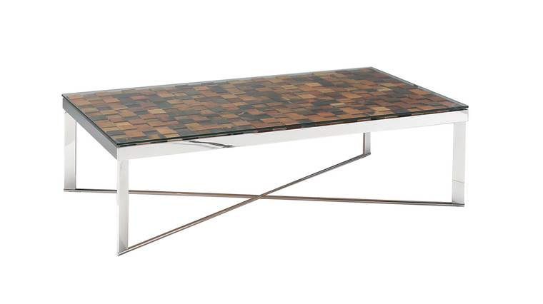 Homeroots 14" Mosaic Wood, Steel, And Glass Coffee Table 283177