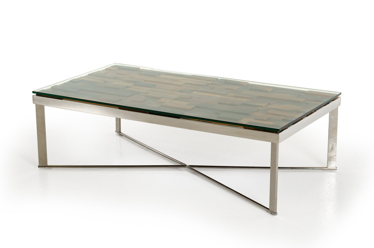 Homeroots 14" Mosaic Wood, Glass, And Steel Coffee Table 283179