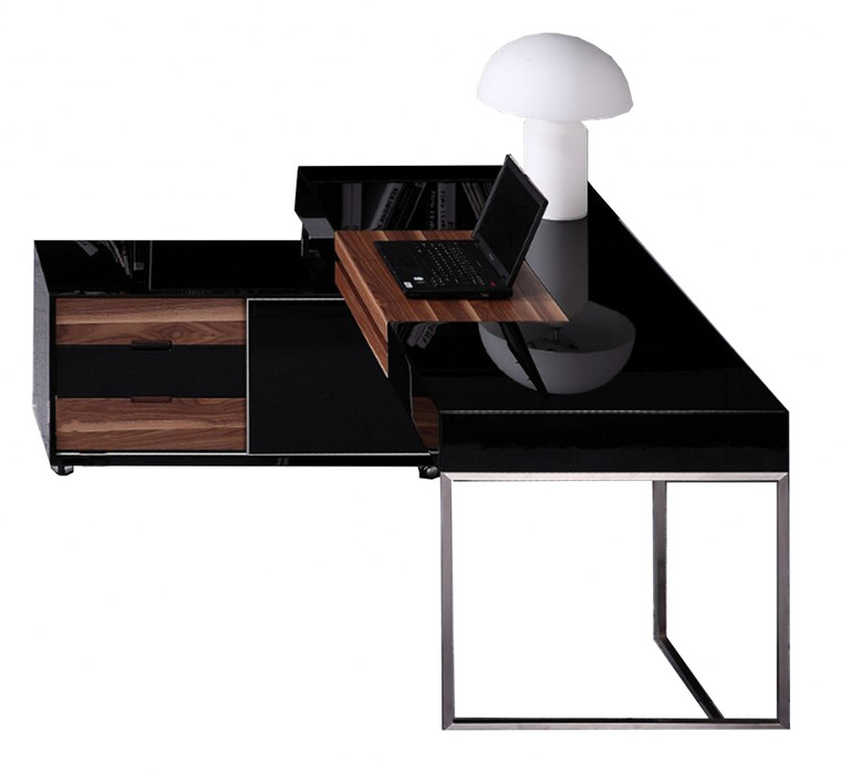 Homeroots 29.5" Black Gloss And Walnut Veneer And Stainless Steel Office Desk 284455