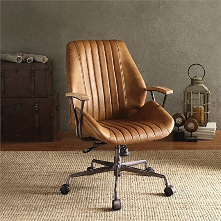 Homeroots 24" X 28" X 37-40" Coffee Top Grain Leather Metallic Executive Office Chair 320550
