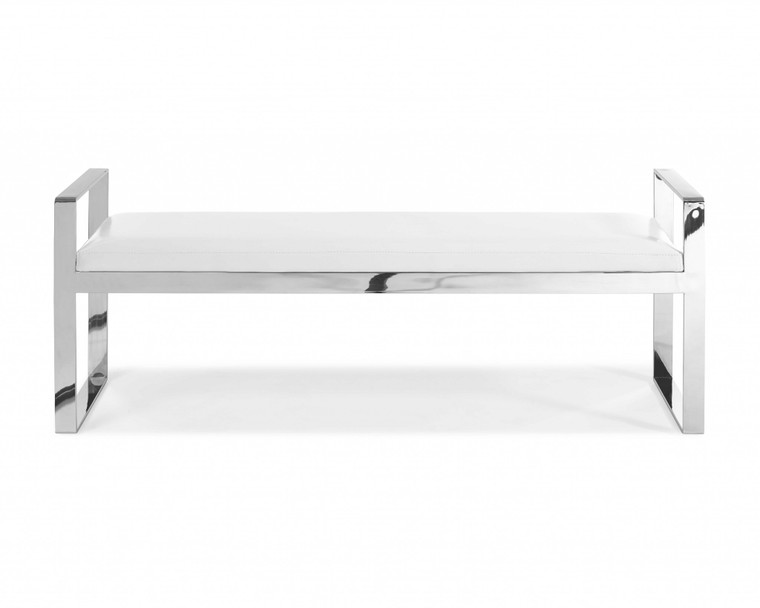 Homeroots Modern Bench White Faux Leather Stainless Steel Base 320683