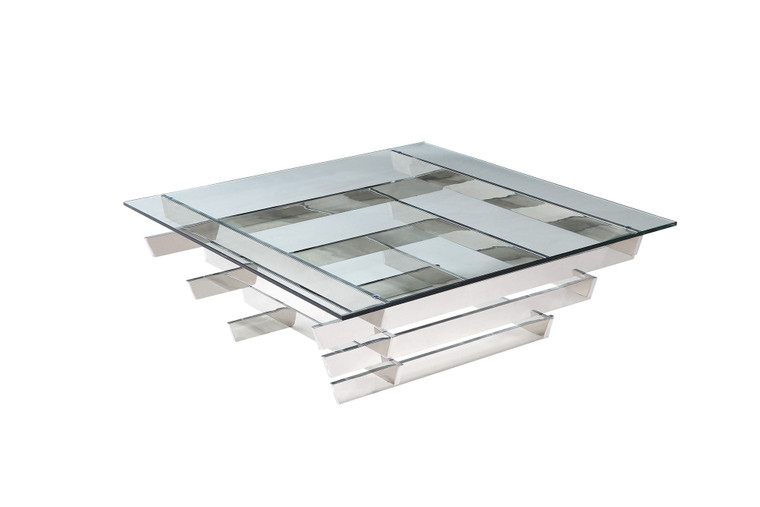 Homeroots Coffee Table, Square Clear Glass, Stainless Steel Base 320721