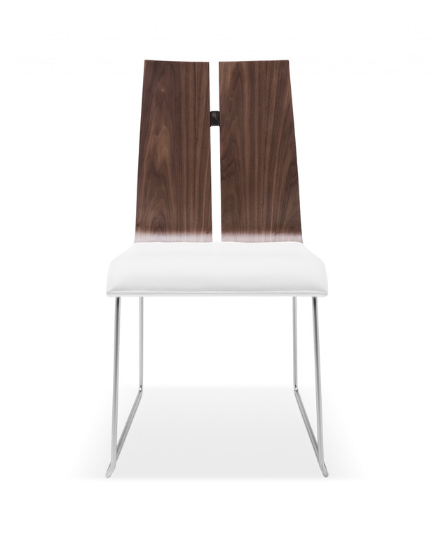 Homeroots Set Of 2 Dining Chair. Natural Walnut Veneer White Faux Leather. Metal Frame With Brushed Nickel 320734