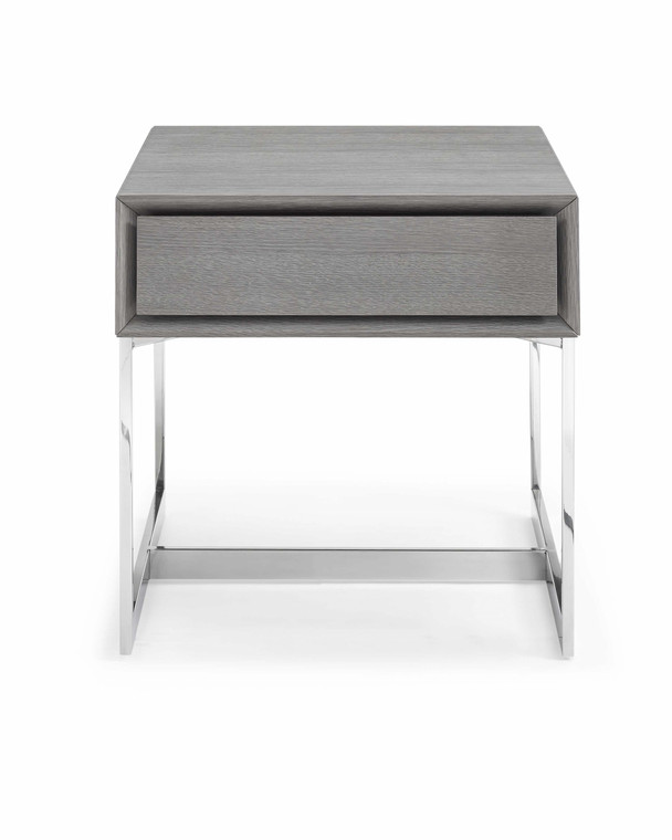 Homeroots Side Table Gray Oak Veneer One Drawer Polished Stainless Steel Legs 320897