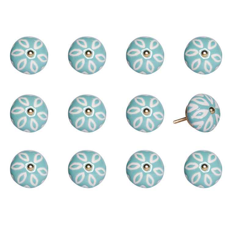 Homeroots 1.5" X 1.5" X 1.5" Turquoise, White And Gold - Knobs 12-Pack 321681