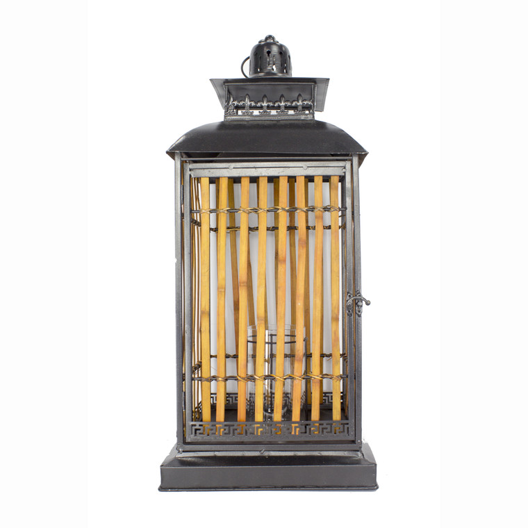 Homeroots 28" Grey With Distressed Wood Metal, Bamboo, And Glass Lantern 328645