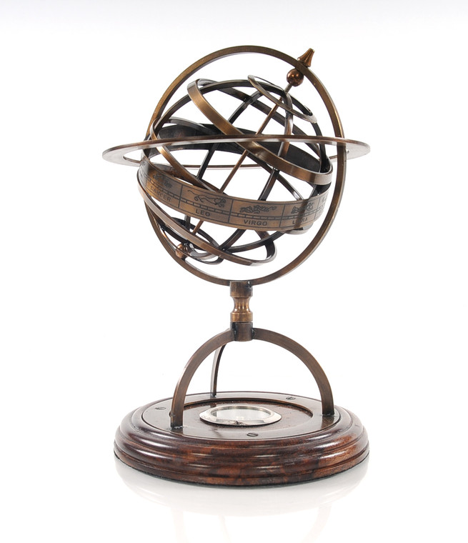 Homeroots 7" X 7" X 11" Brass Armillary With Compass On Wood Base 364212