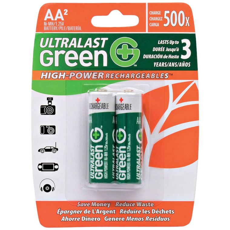 Green High-Power Rechargeables Aa Nimh Batteries, 2 Pk