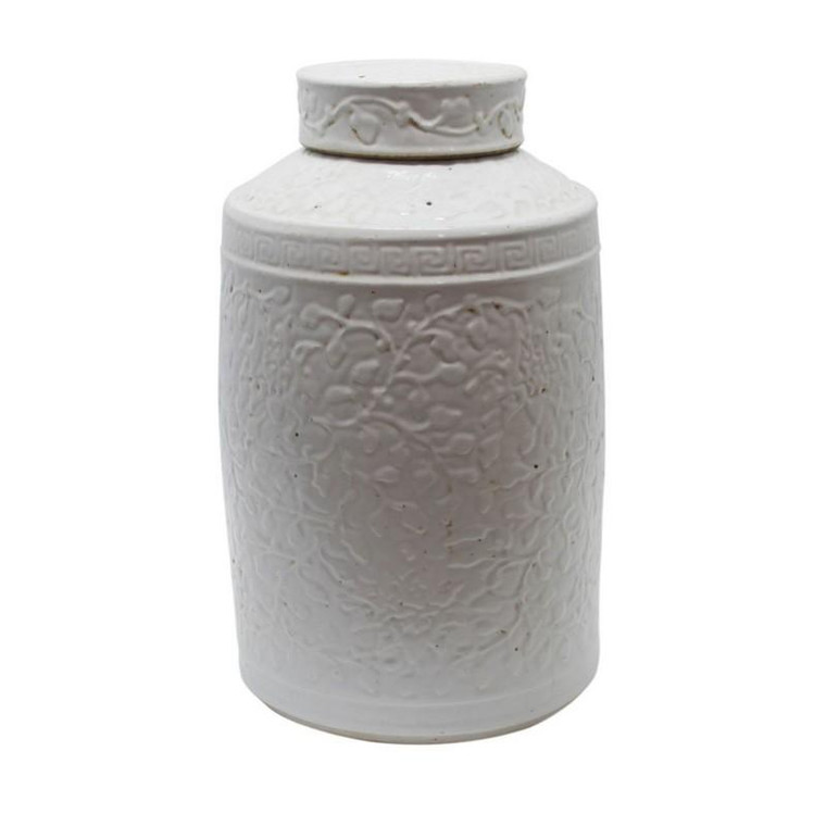 White Cylinder Tea Jar With Curly Vine Carving 1363 By Legend Of Asia