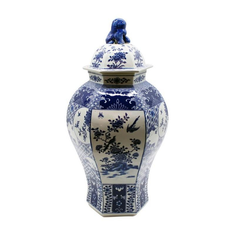 Blue & White Hexagonal Floral Bird Medallion Temple Porcelain Jar 1366