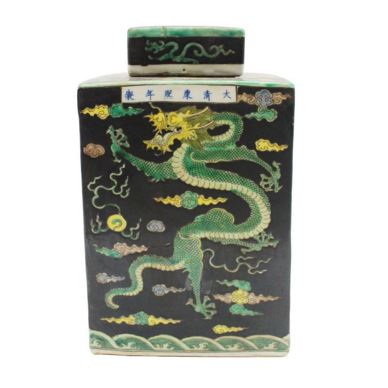 Black Square Tea Porcelain Jar Dragon Motif 1470 By Legend Of Asia
