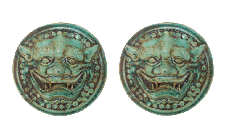 Pair Of Speckled Green Lion Head Wall Sculptures 1619 By Legend Of Asia