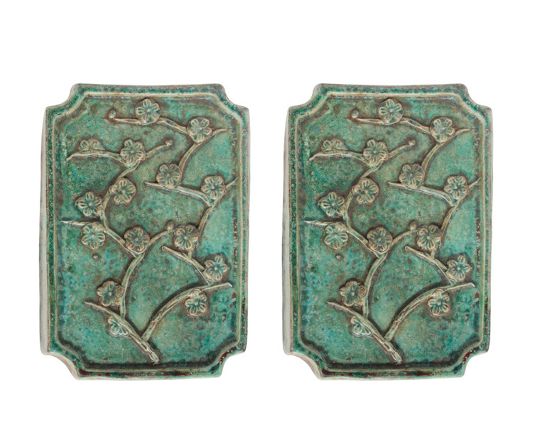 Pair Of Speckled Green Plum Blossom Wall Plaques 1621 By Legend Of Asia