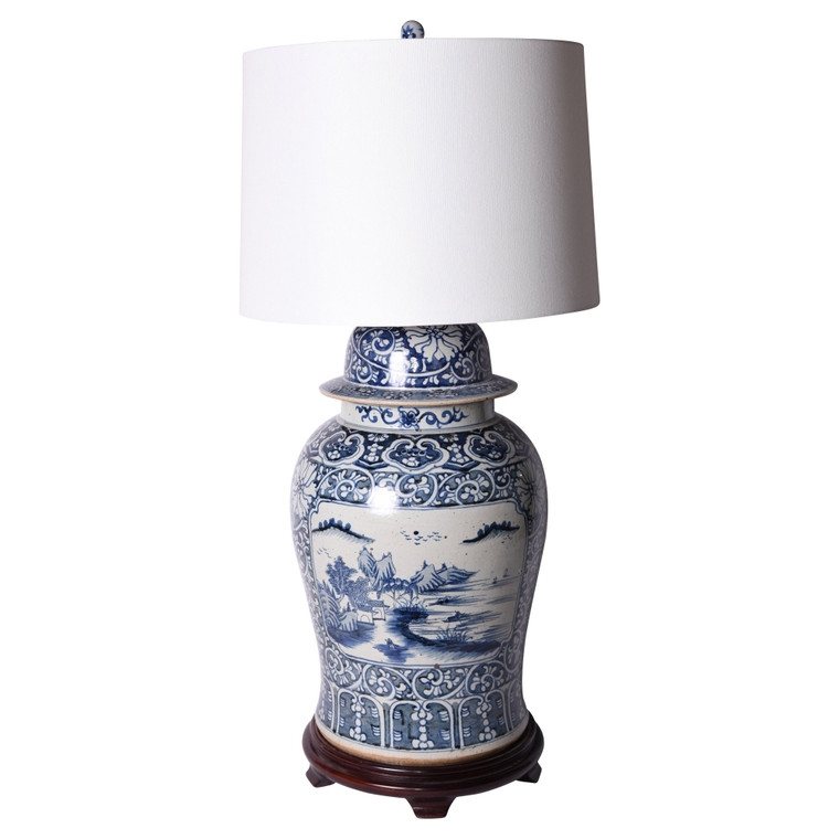 B&W Floral Landscape Medallion Temple Jar Lamp L1197 By Legend Of Asia