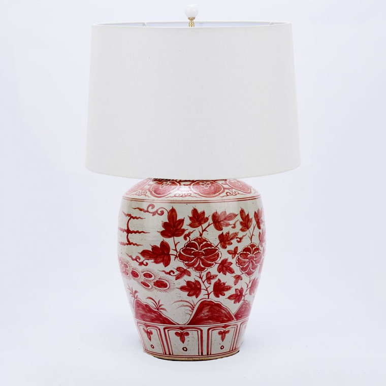 Coral Red Barn Jar Bird Motif Lamp L1398-R By Legend Of Asia