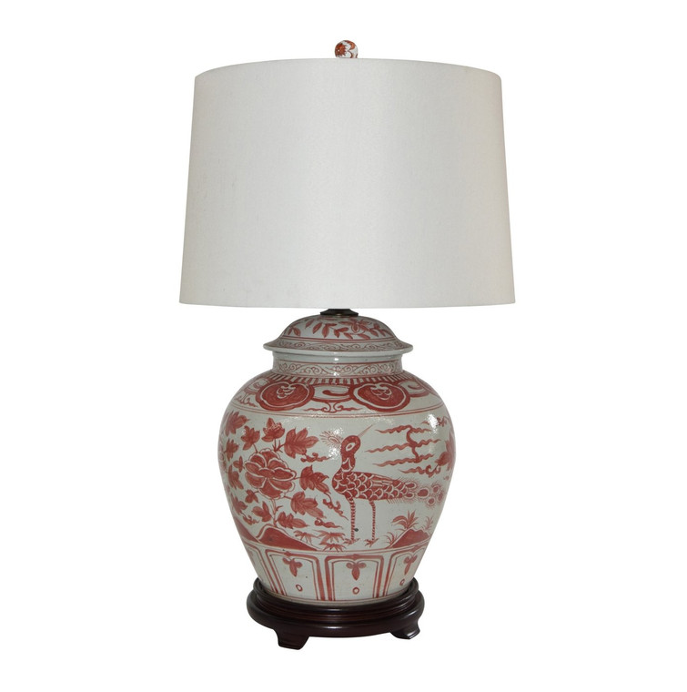 Coral Red Barn Jar Bird Motif Lamp Wood Base L1398S-R-W By Legend Of Asia