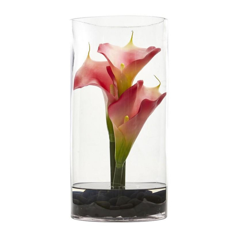 12" Calla Lily Artificial Arrangement In Cylinder Glass 1521-PK By Nearly Natural