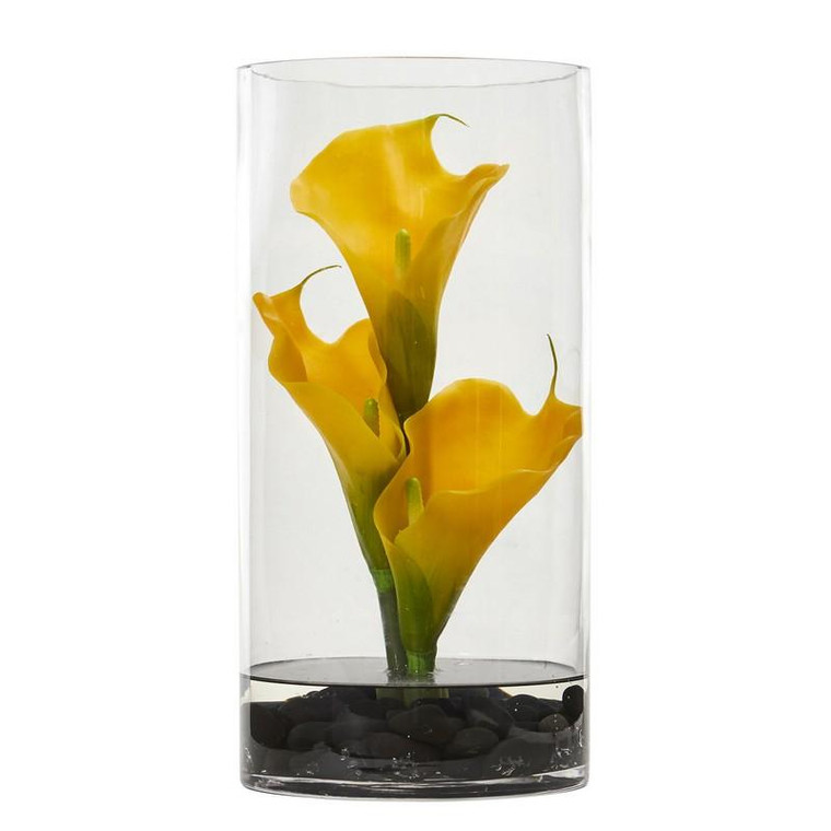 12" Calla Lily Artificial Arrangement In Cylinder Glass 1521-YL By Nearly Natural