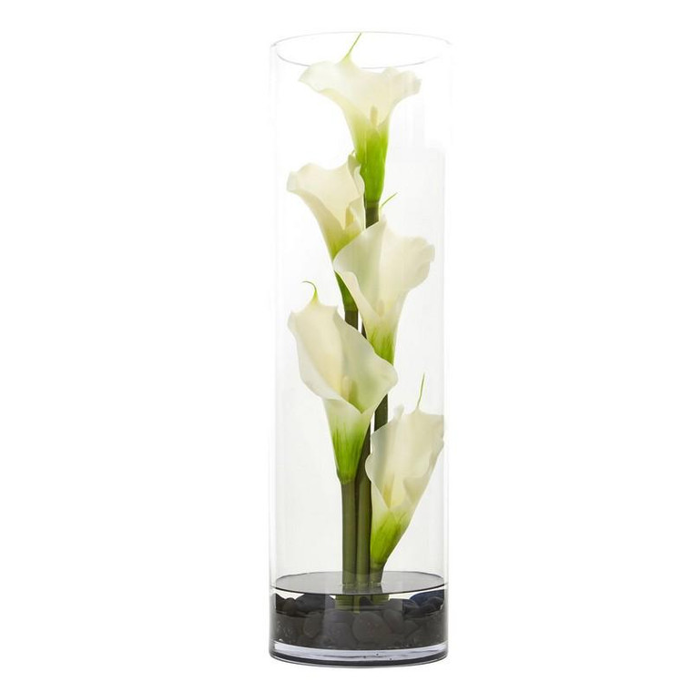 20" Calla Lily In Cylinder Glass 1526-CR By Nearly Natural