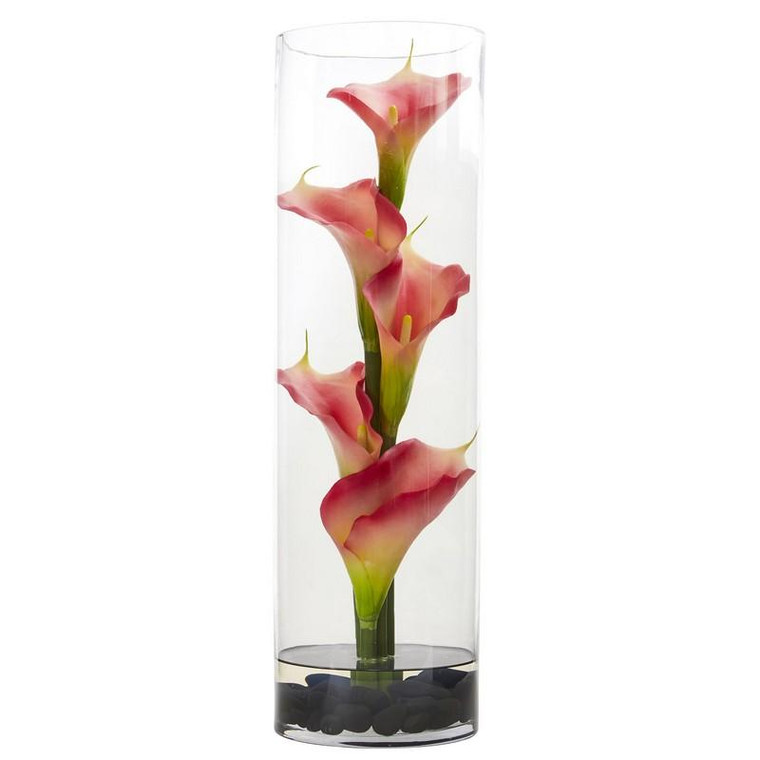 20" Calla Lily In Cylinder Glass 1526-PK By Nearly Natural
