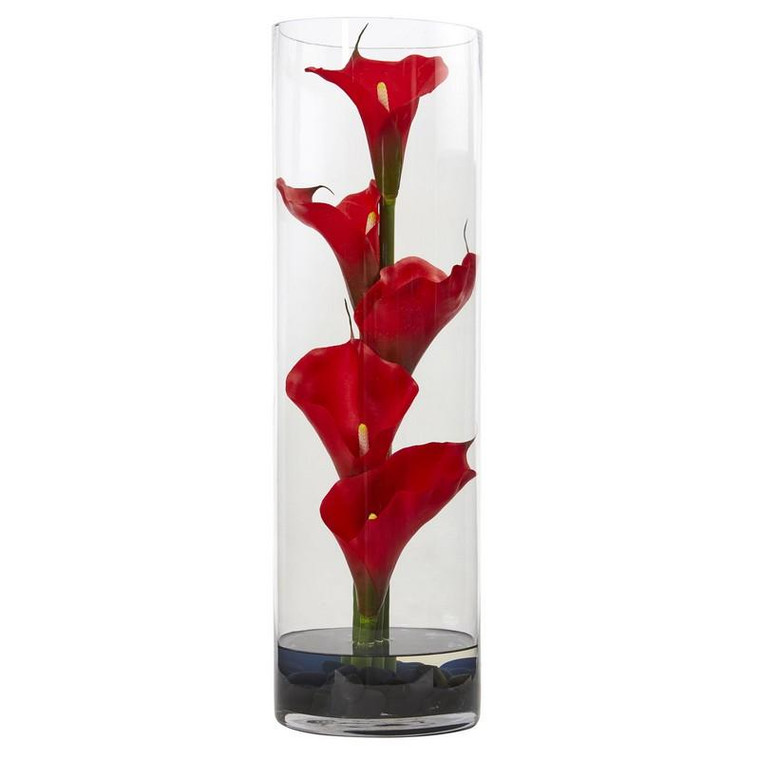 20" Calla Lily In Cylinder Glass 1526-RD By Nearly Natural