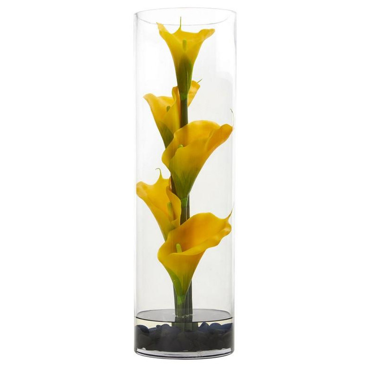 20" Calla Lily In Cylinder Glass 1526-YL By Nearly Natural