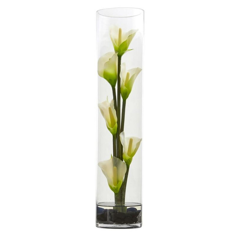 18" Mini Cally Lily Artificial Arrangement In Cylinder Glass 1527-CR By Nearly Natural