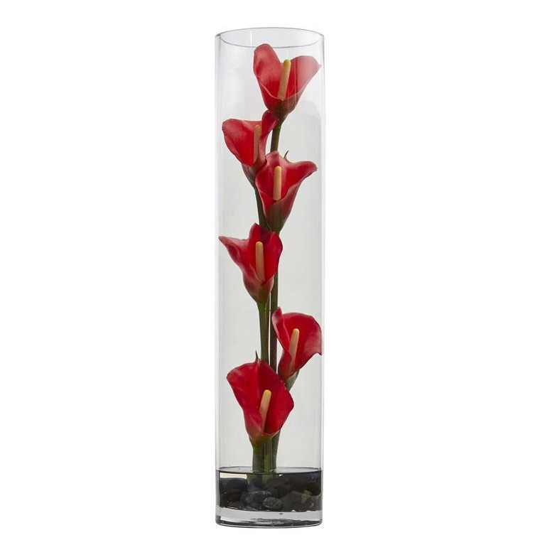 18" Mini Cally Lily Artificial Arrangement In Cylinder Glass 1527-RD By Nearly Natural