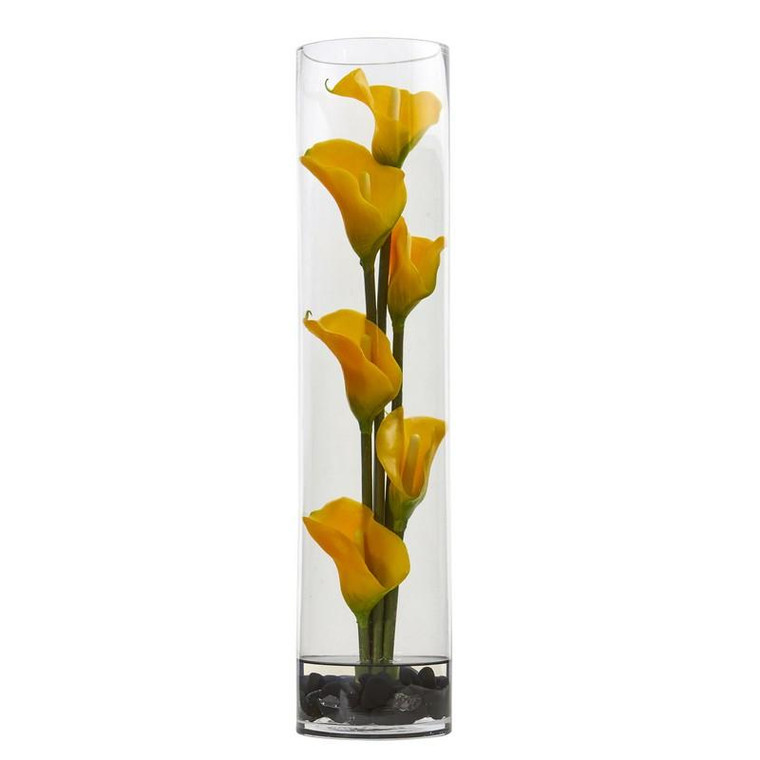 18" Mini Cally Lily Artificial Arrangement In Cylinder Glass 1527-YL By Nearly Natural