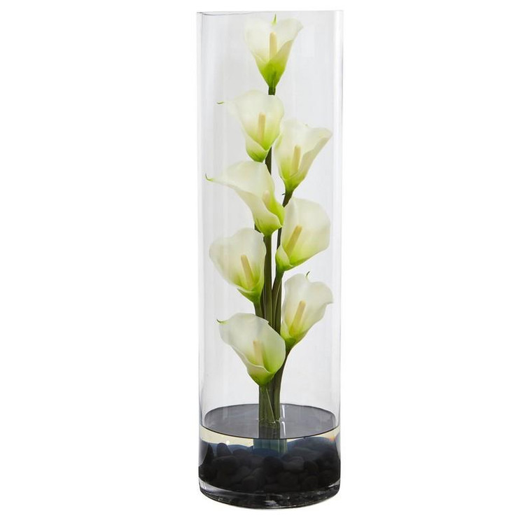 20" Calla Lily Artificial Arrangement In Cylinder Glass 1528-CR By Nearly Natural