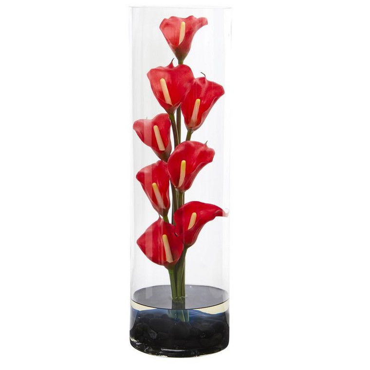 20" Calla Lily Artificial Arrangement In Cylinder Glass 1528-RD By Nearly Natural